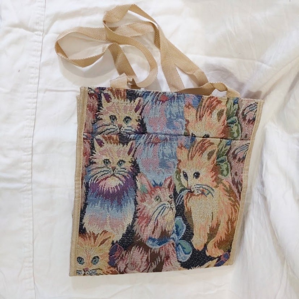 Vintage Style Woven Tapestry Kitten Cat Print Tote Bag with Pockets Multi Color